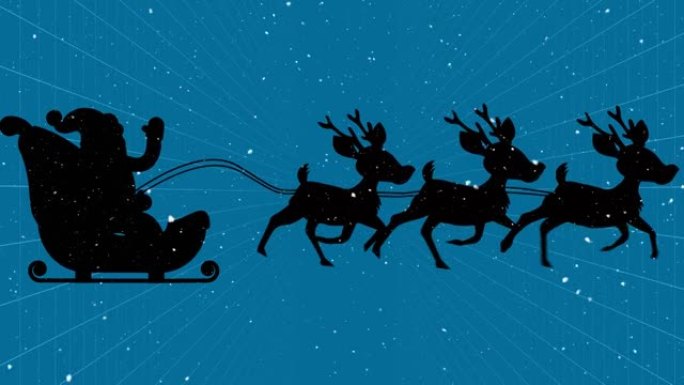 雪落在雪橇上的圣诞老人的剪影上，被驯鹿拉在蓝色背景上