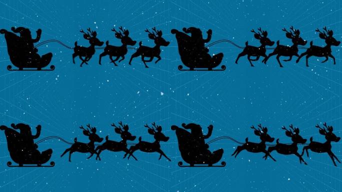 雪落在雪橇上的圣诞老人的剪影上，被驯鹿拉在蓝色背景上