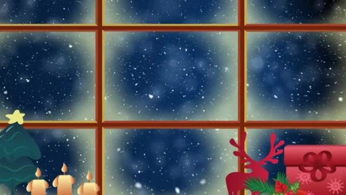 圣诞图标和窗框，抵御雪落和蓝色背景上的光斑