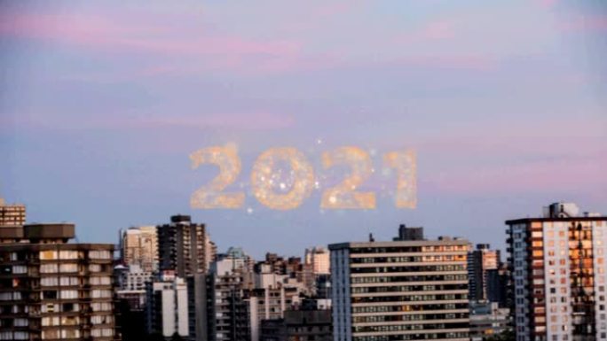 烟花的2021文字对城市景观的鸟瞰图