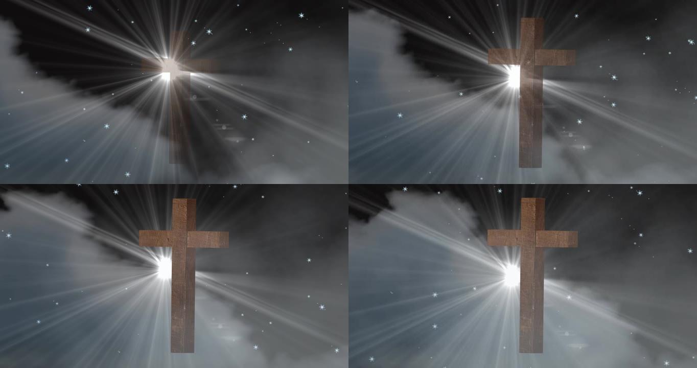 动画基督十字架和雪花落在发光的星星和云
