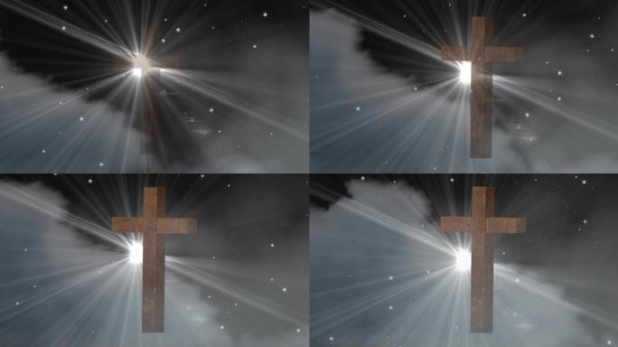 动画基督十字架和雪花落在发光的星星和云