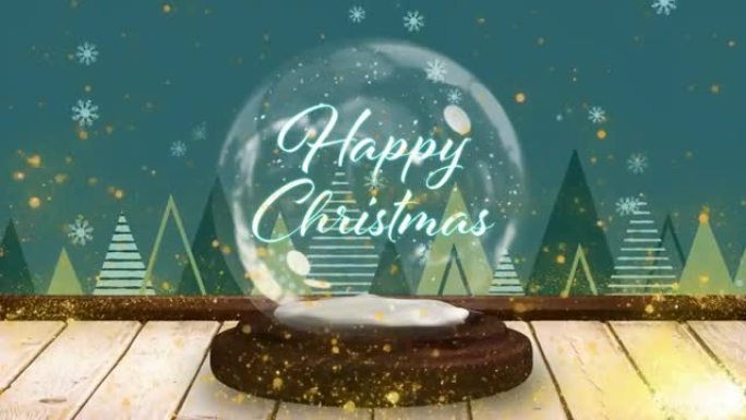 圣诞快乐动画在杉树上的雪球和雪落下