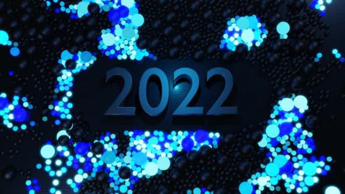 循环新年bg。数字2022和圣诞花环的球或球体散落在平面上，它们点亮蓝色，形成美丽的图案。带霓虹灯的