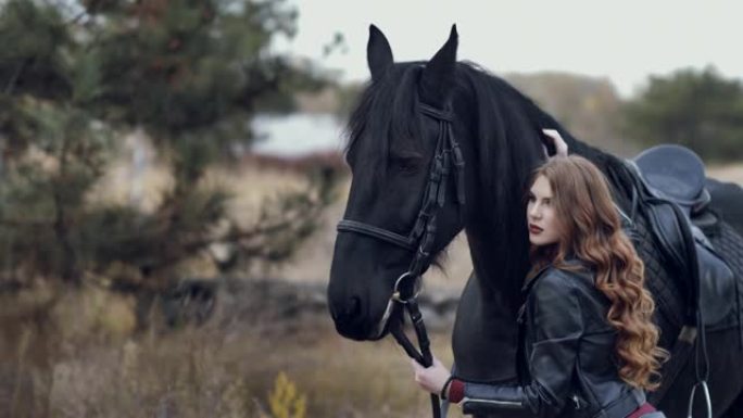 美丽的年轻女子抚摸着一匹马，在户外摆姿势
