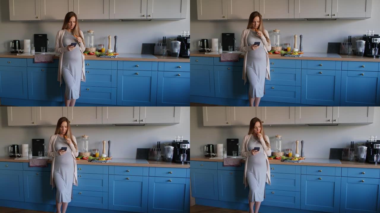 孕妇吃健康食品，使用手机。用8k的红氦相机拍摄