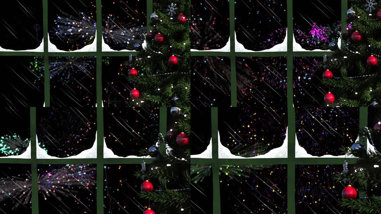 圣诞树和窗框，黑色背景上五颜六色的烟花爆炸