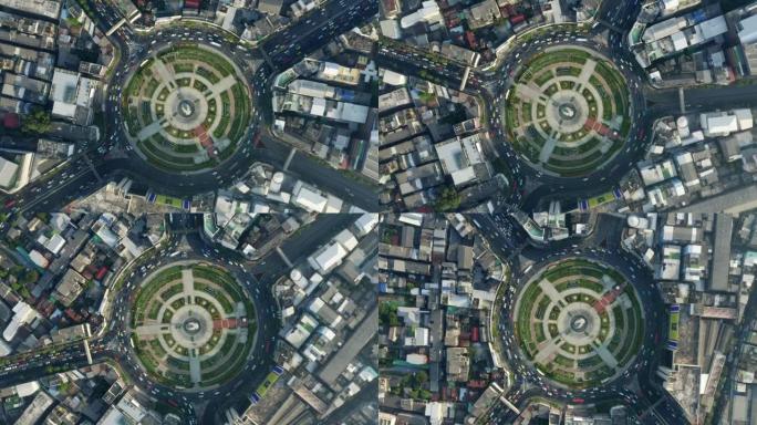 Wongwian Yai环岛旋转景观的4k视频与道路、建筑和交通