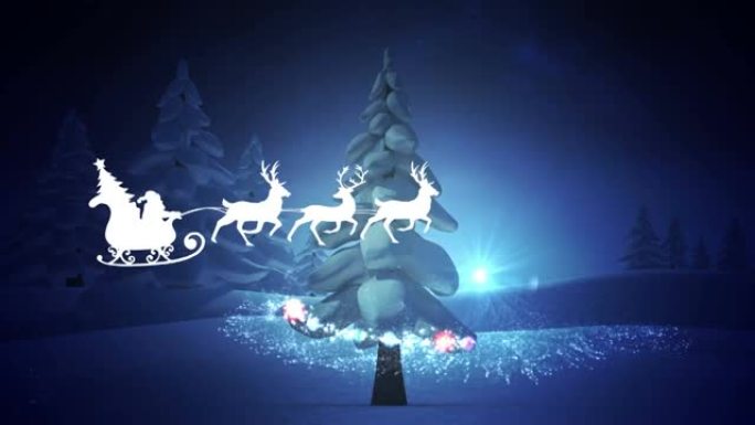 圣诞老人在雪橇上的动画，驯鹿在流星和圣诞树上