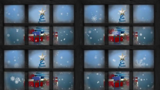 木制窗框抵御雪花落在圣诞树上，蓝色背景下的礼物