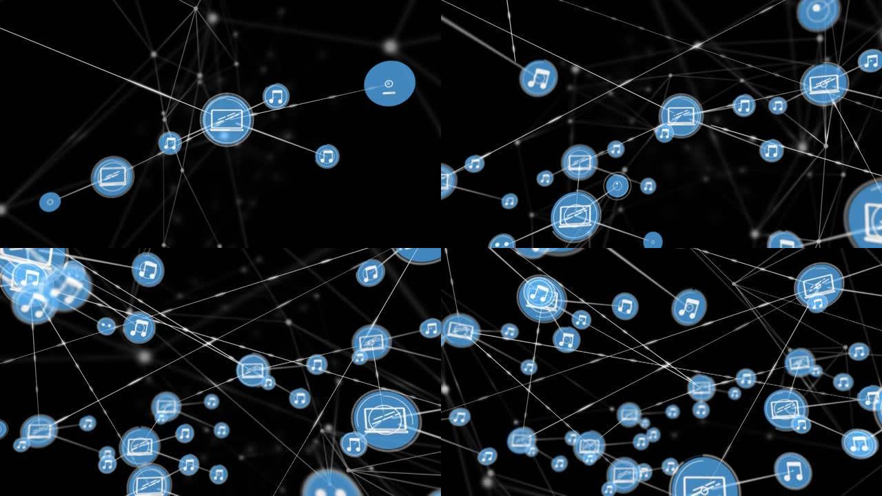 黑色背景上带有图标的连接网络动画