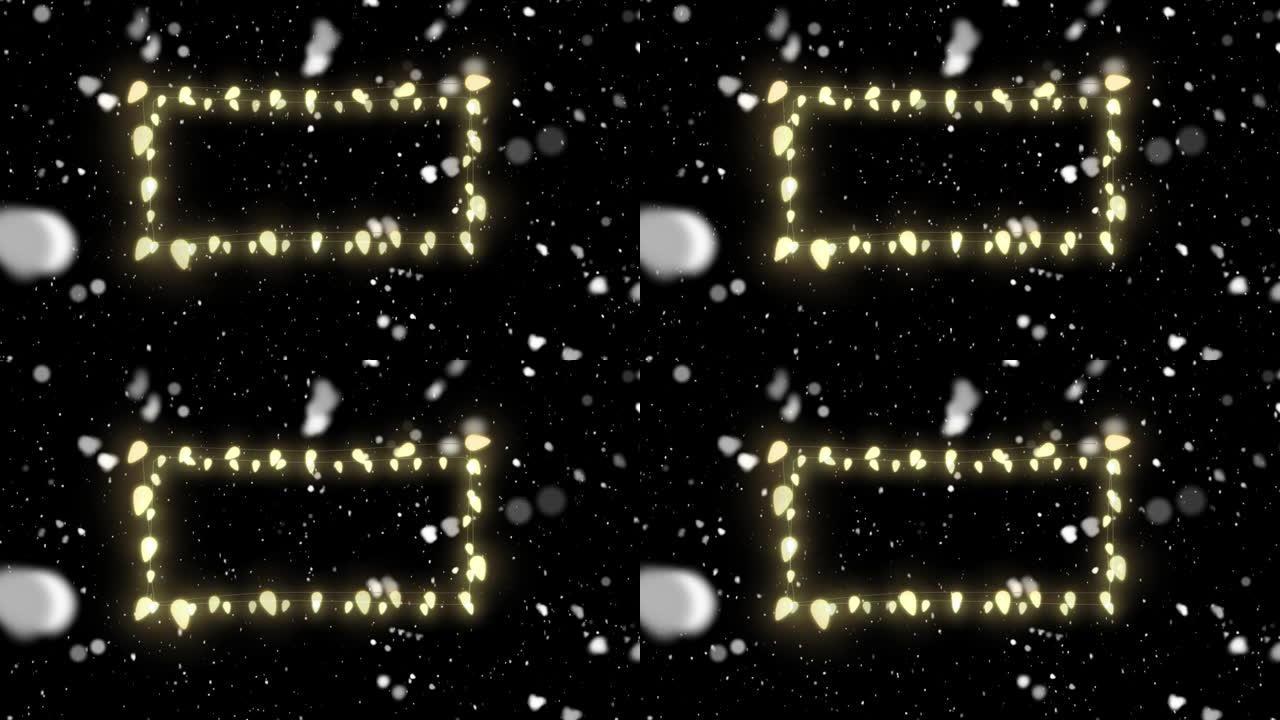 黑色背景上的雪花上有复制空间的仙女灯框架动画