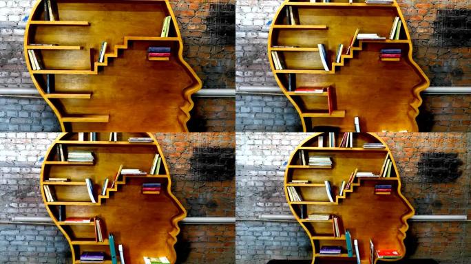 人头形状的架子。书架上装满了书。停止运动
