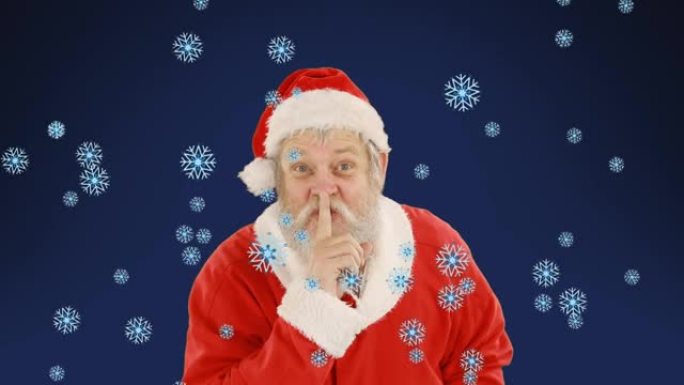 圣诞老人微笑着雪花落在蓝色背景上的动画