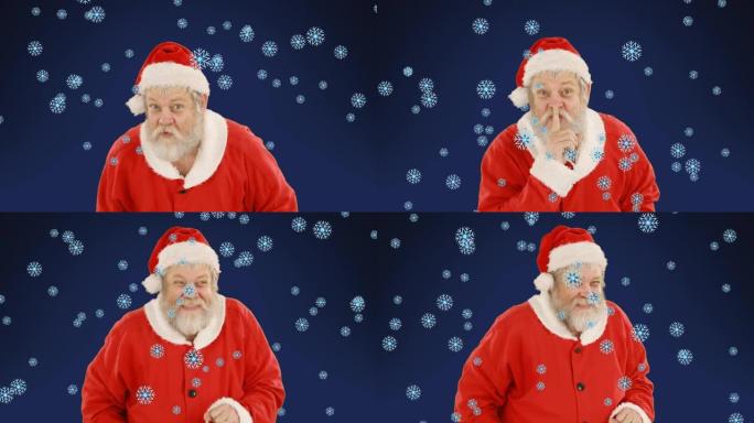 圣诞老人微笑着雪花落在蓝色背景上的动画