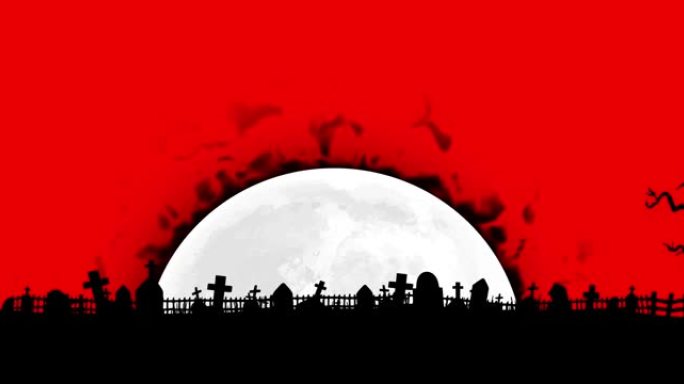 红色背景上的月亮和万圣节公墓上的火焰动画