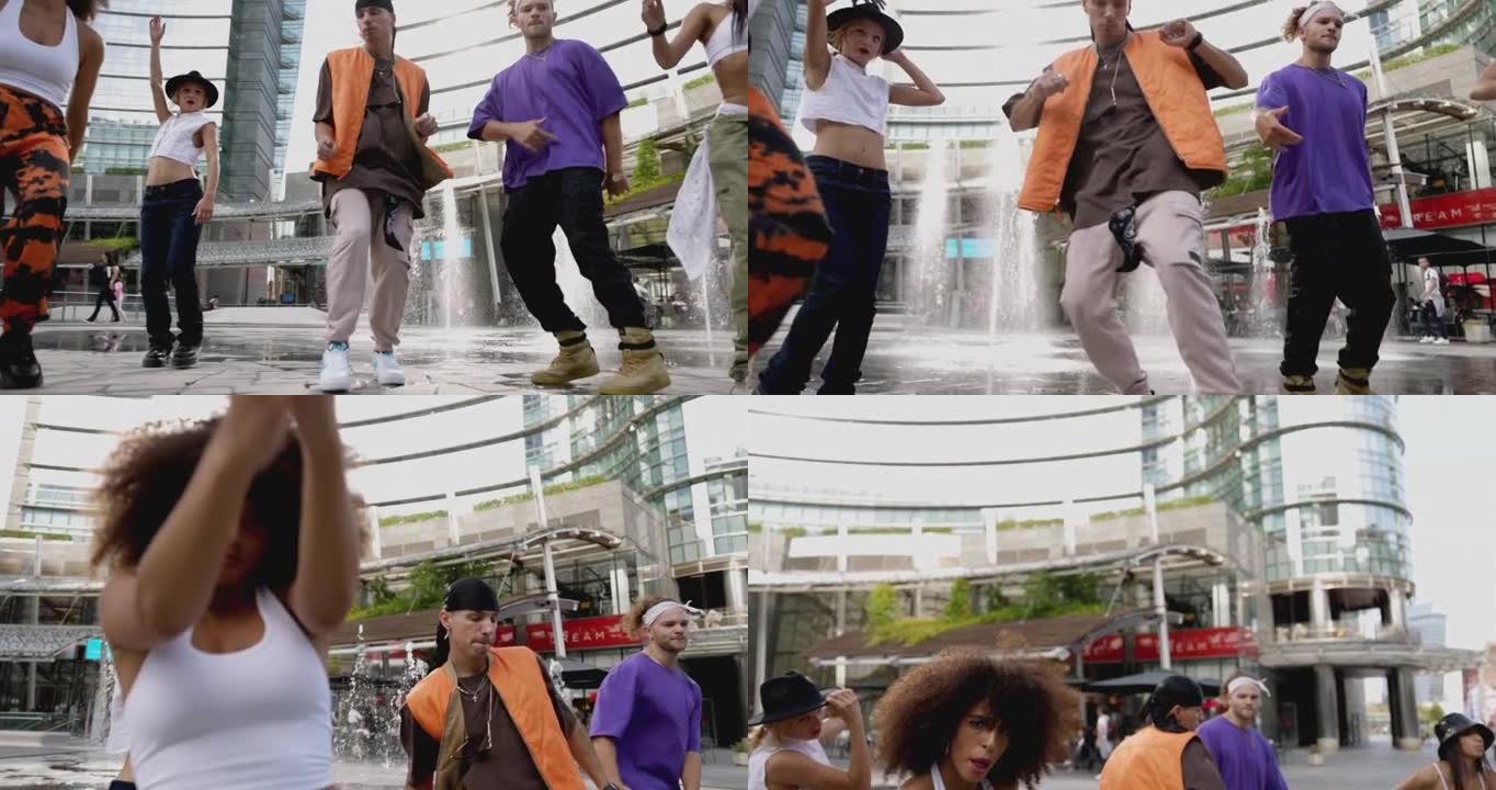 都市hiphop舞蹈，一群年轻的表演者在市区与说唱音乐共舞