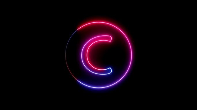 发光的霓虹灯字体。蓝色、粉色和红色发光霓虹灯字母。在C字母表周围的圆形路径中发光的霓虹灯线。
