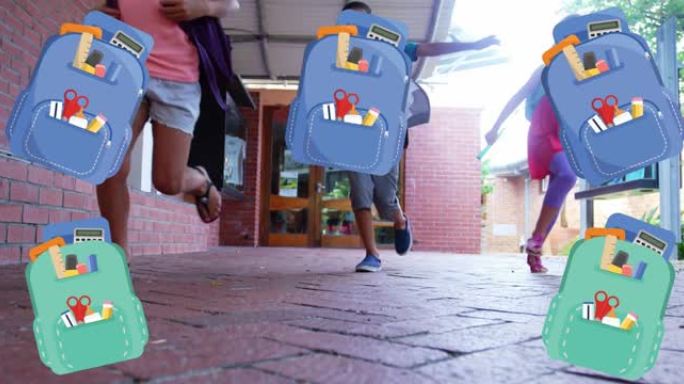 学校背包图标的动画在学校里奔跑的孩子身上