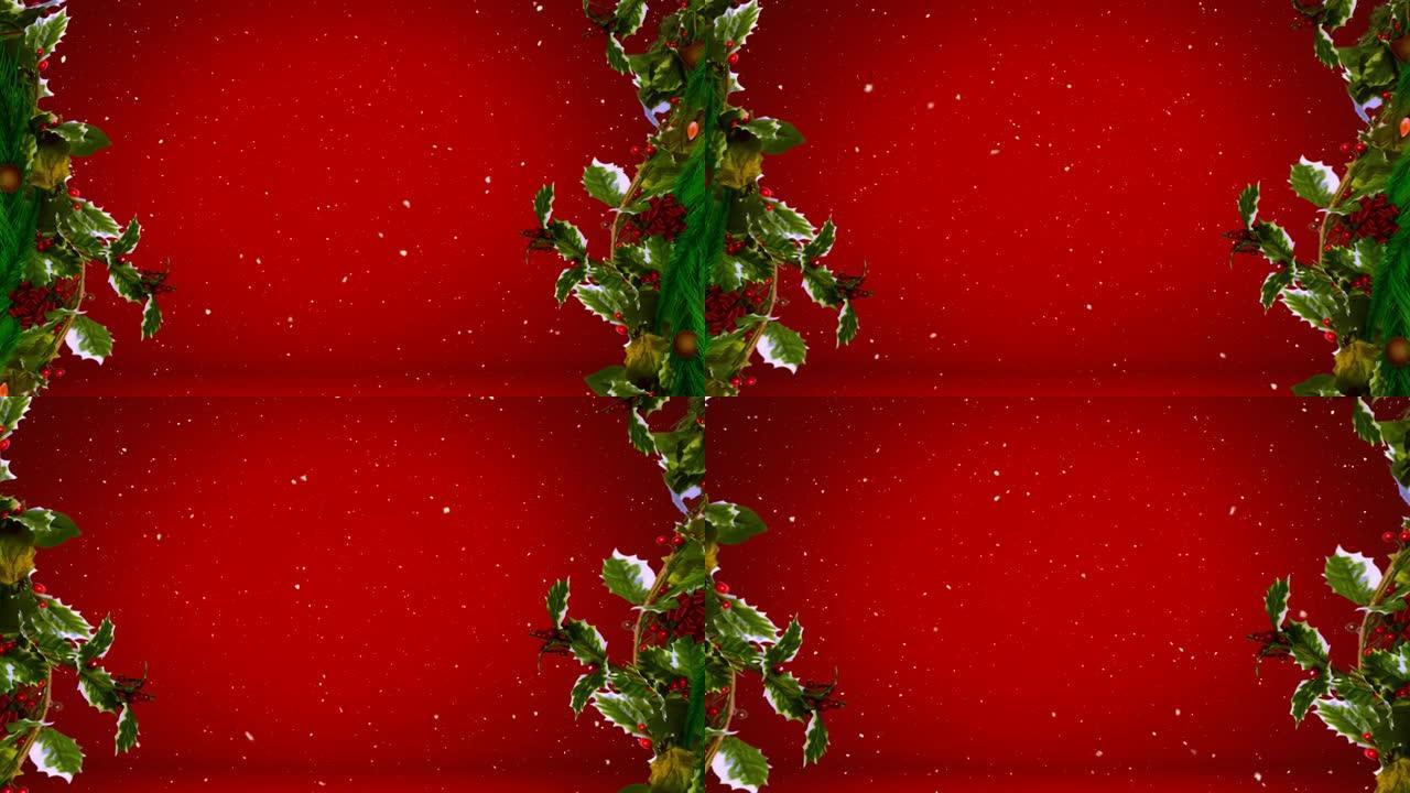 雪落在红色背景上的复制空间上的圣诞节花环装饰上