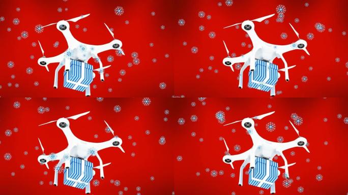 红色背景上的无人机上飘着雪的动画