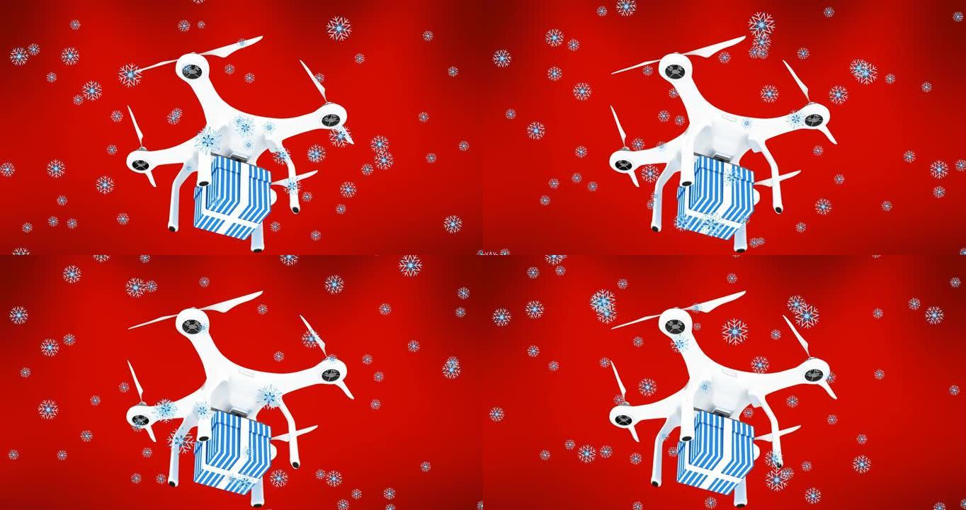 红色背景上的无人机上飘着雪的动画