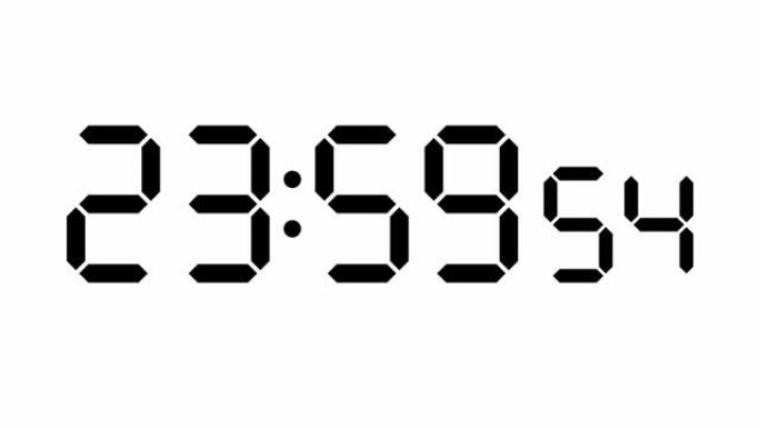 时钟从23-59-50到00-00的十秒倒计时，数字电子段显示，黑白