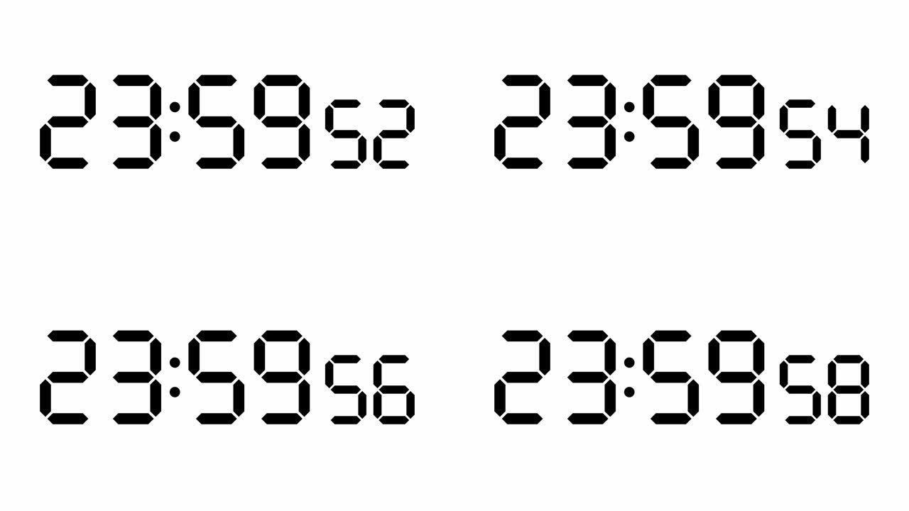 时钟从23-59-50到00-00的十秒倒计时，数字电子段显示，黑白