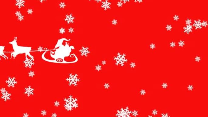 圣诞老人在雪橇上的动画与驯鹿在红色背景上的雪花上