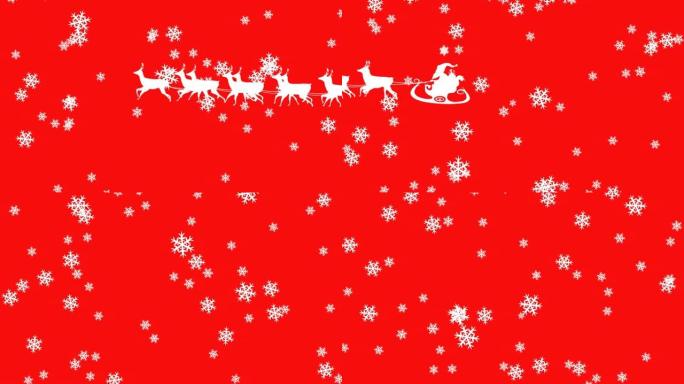 圣诞老人在雪橇上的动画与驯鹿在红色背景上的雪花上
