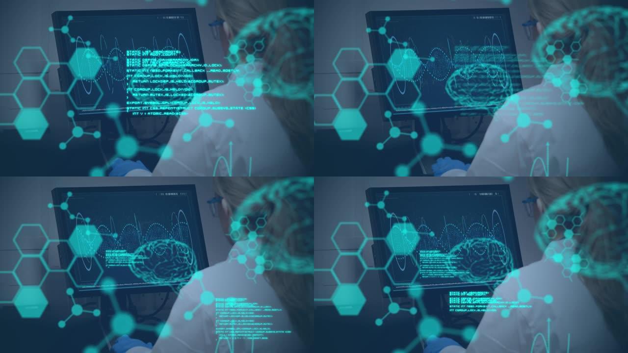 使用笔记本电脑对医生进行数据处理，数字人脑模型和分子的动画