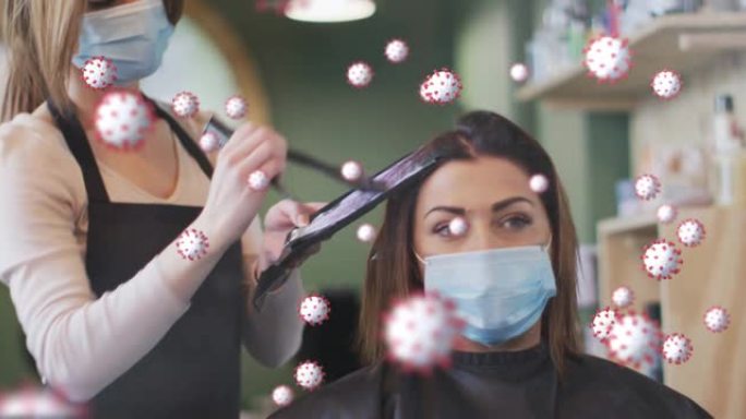 高加索女性美发师和戴口罩的妇女身上冠状病毒细胞的动画