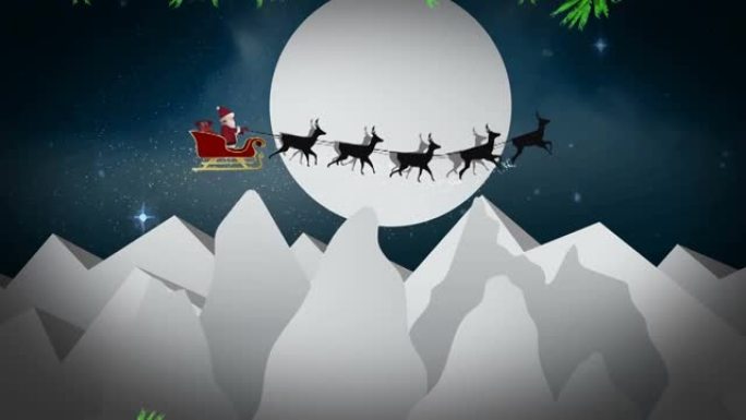 绿色的树枝在雪橇上的圣诞老人被驯鹿拉到夜空中的月亮上