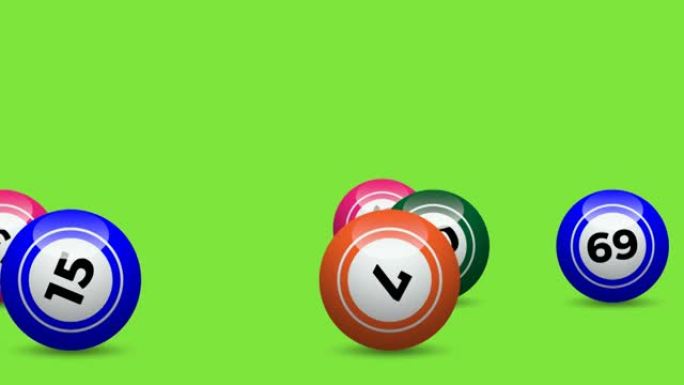 宾果彩票奖金，乐透的编号球滚动。色度键绿色背景上的动画插图