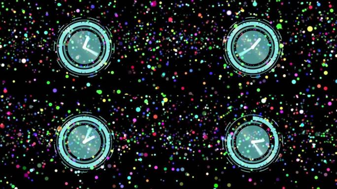 时钟在发光的七彩灯上的动画