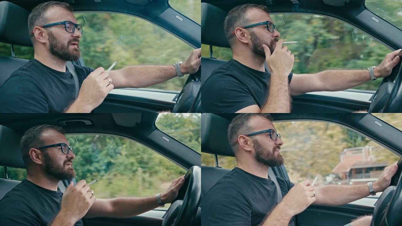 男子开车和吸烟