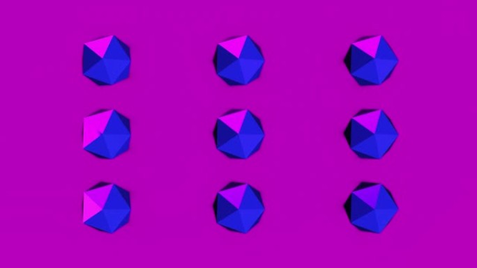 抽象紫色动画明亮循环背景。晶体多边形旋转。从顶部看。4K.3D渲染。
