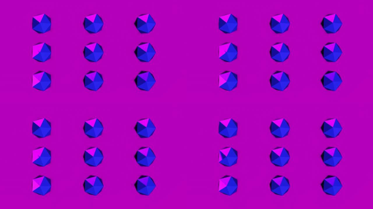 抽象紫色动画明亮循环背景。晶体多边形旋转。从顶部看。4K.3D渲染。