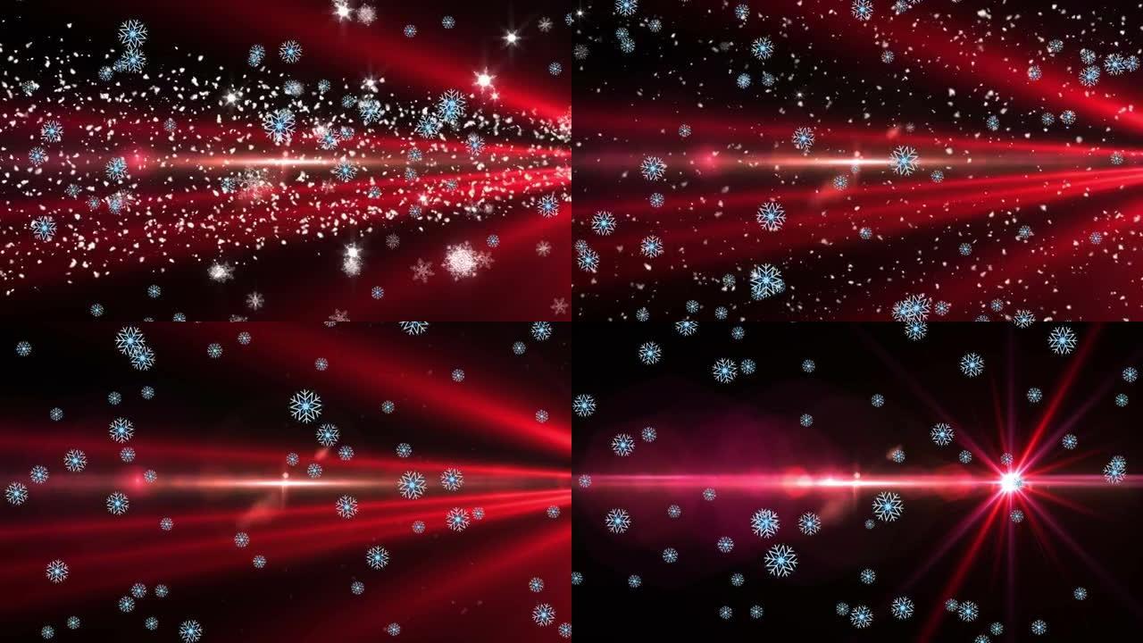 黑色和红色背景上的圣诞灯上的雪