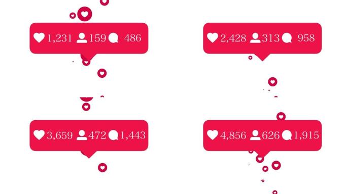 社交媒体评论，喜欢和追随者计数器通过用户界面快速增加动画。