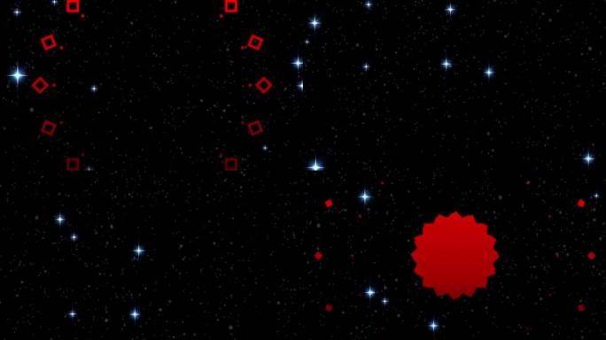 红色万花筒形状在黑色背景上闪烁的白色星星上移动的动画