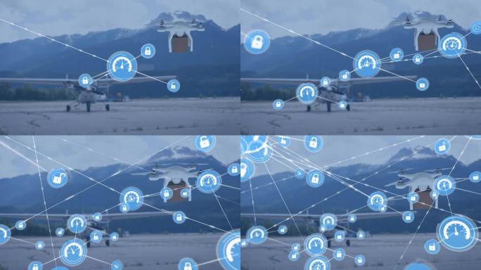 飞机上的连接网络和数字无人机的动画