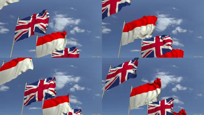 蓝天映衬着印度尼西亚和英国的国旗