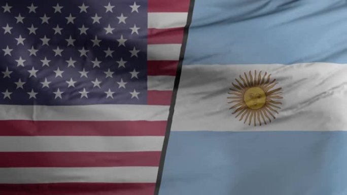美国和阿根廷国旗无缝特写挥舞动画。美国和阿根廷背景。3D渲染，4k分辨率