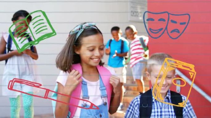 学校图标在学校的孩子身上的动画