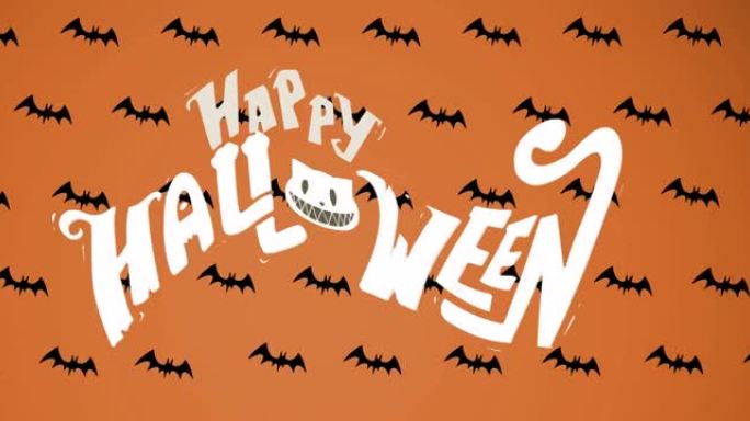 橙色背景上黑色蝙蝠上的万圣节快乐文字动画