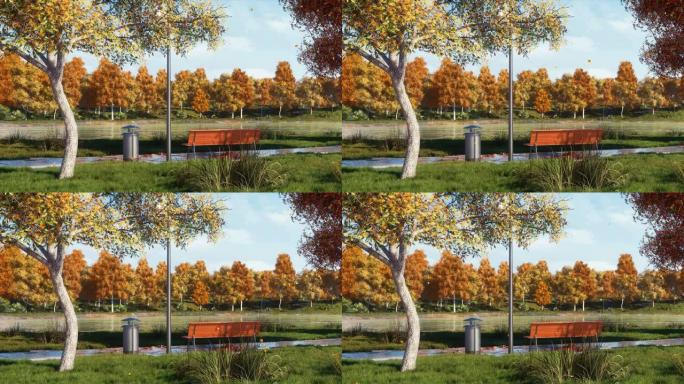 平静的秋日3D动画空荡荡的城市公园