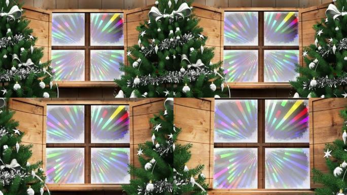 黑色背景上的两棵圣诞树和木制窗框，衬托着五颜六色的灯光小径