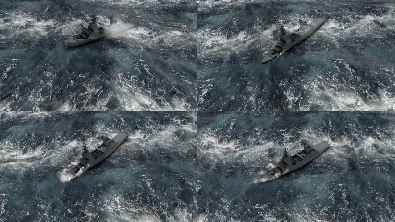 暴风雨中的海军船只鸟瞰图