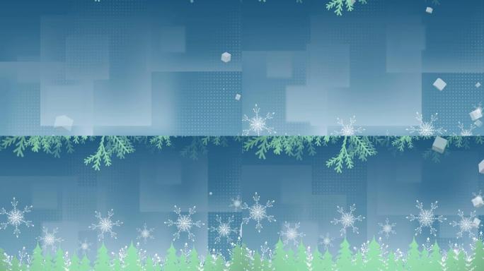 蓝色背景上的雪落在发光光线上的动画
